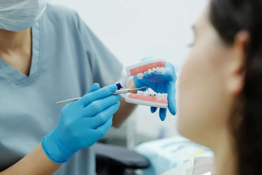 Dentist in gloves demonstrates dental care using a teeth model during an appointment.